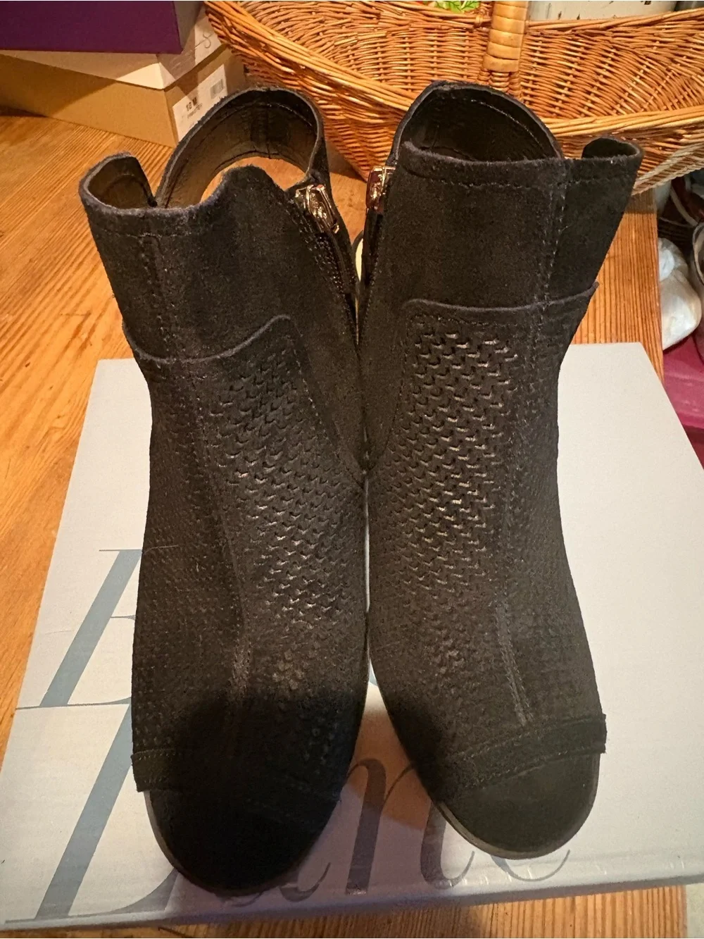 Essex Lane Black Suede Perforated Peep-Toe Block Heel Booties